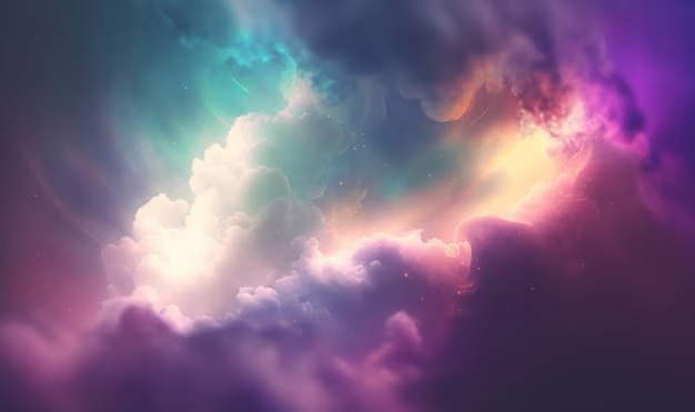 Colorful image of colorful clouds in the formation of ocean waves. There are hints of teal blue, different shades of purple, white, and green.